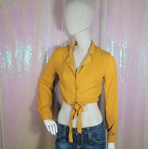 Iris Yellow Cropped Long Sleeve Button Down Tie in Front Blouse Size S